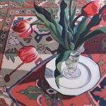 painting of table cloth and tulips in vase