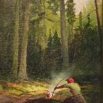 painting of man in forest tending a campfire