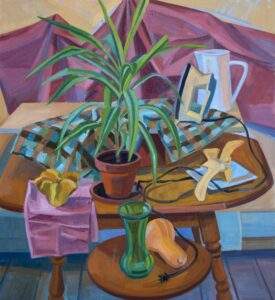 impressionistic still life of plants, iron on table